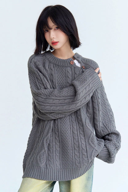 Twist design side button loose sweater