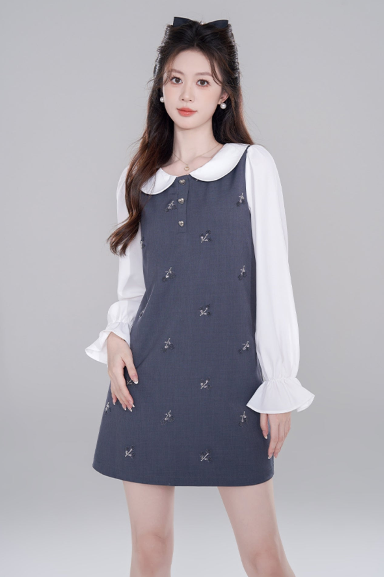 Doll Color Fake Two Piece Straight Dress