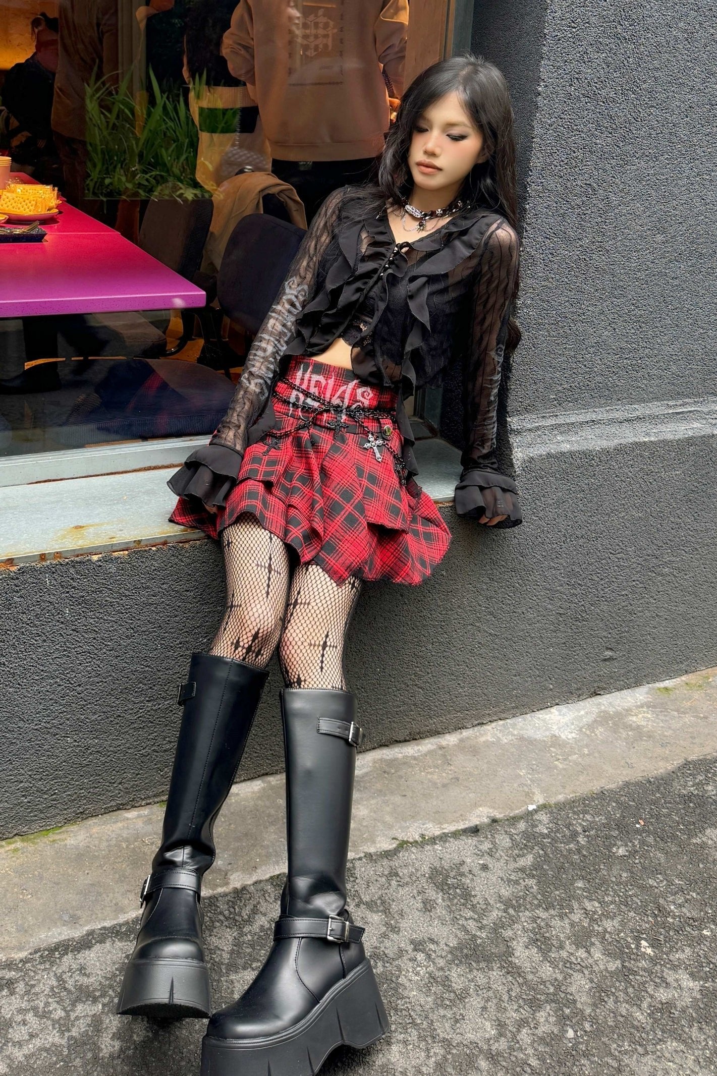 Punk Check High Waist Chain Skirt