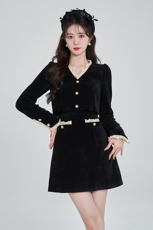 Hepburn style black corduroid dress