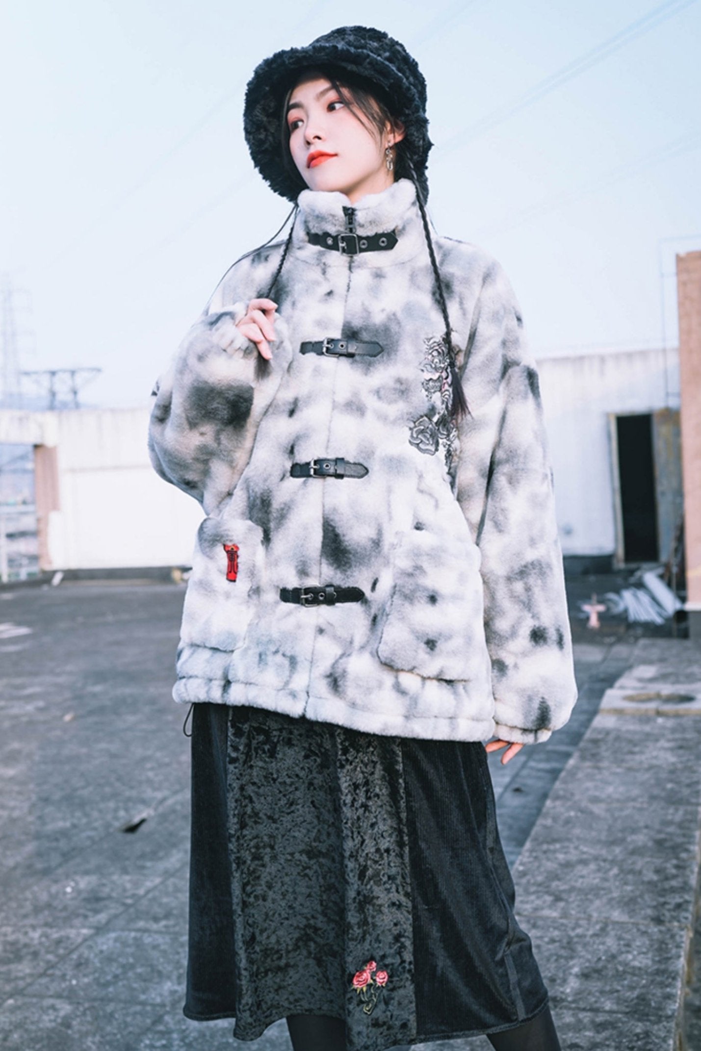 Stand-Up Collar Embroidered Fur Coat