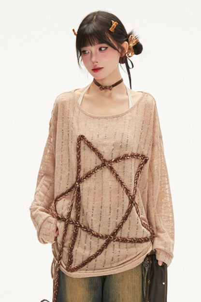 Loose Off-Shoulder Star Knit T-Shirt