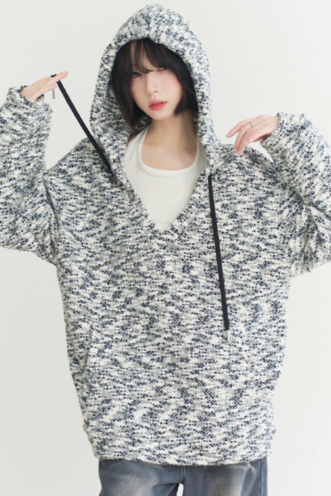 V neck knit hoodlose tops