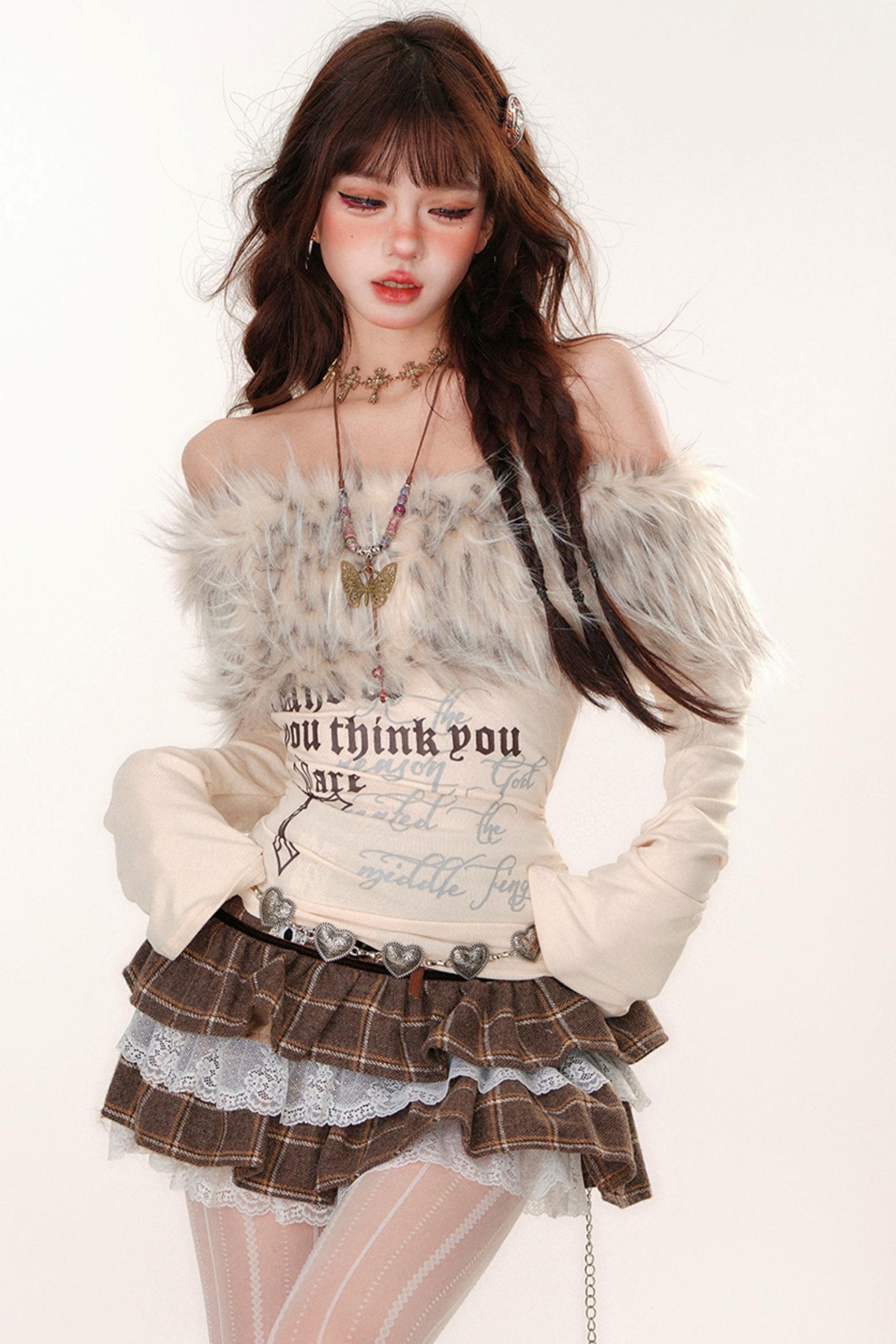 ファーオフショルダーY2Kスリムトップス – Belchic