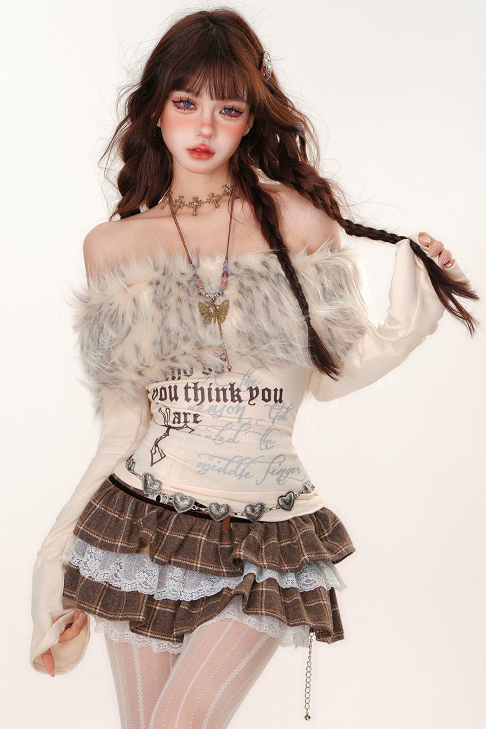ファーオフショルダーY2Kスリムトップス – Belchic