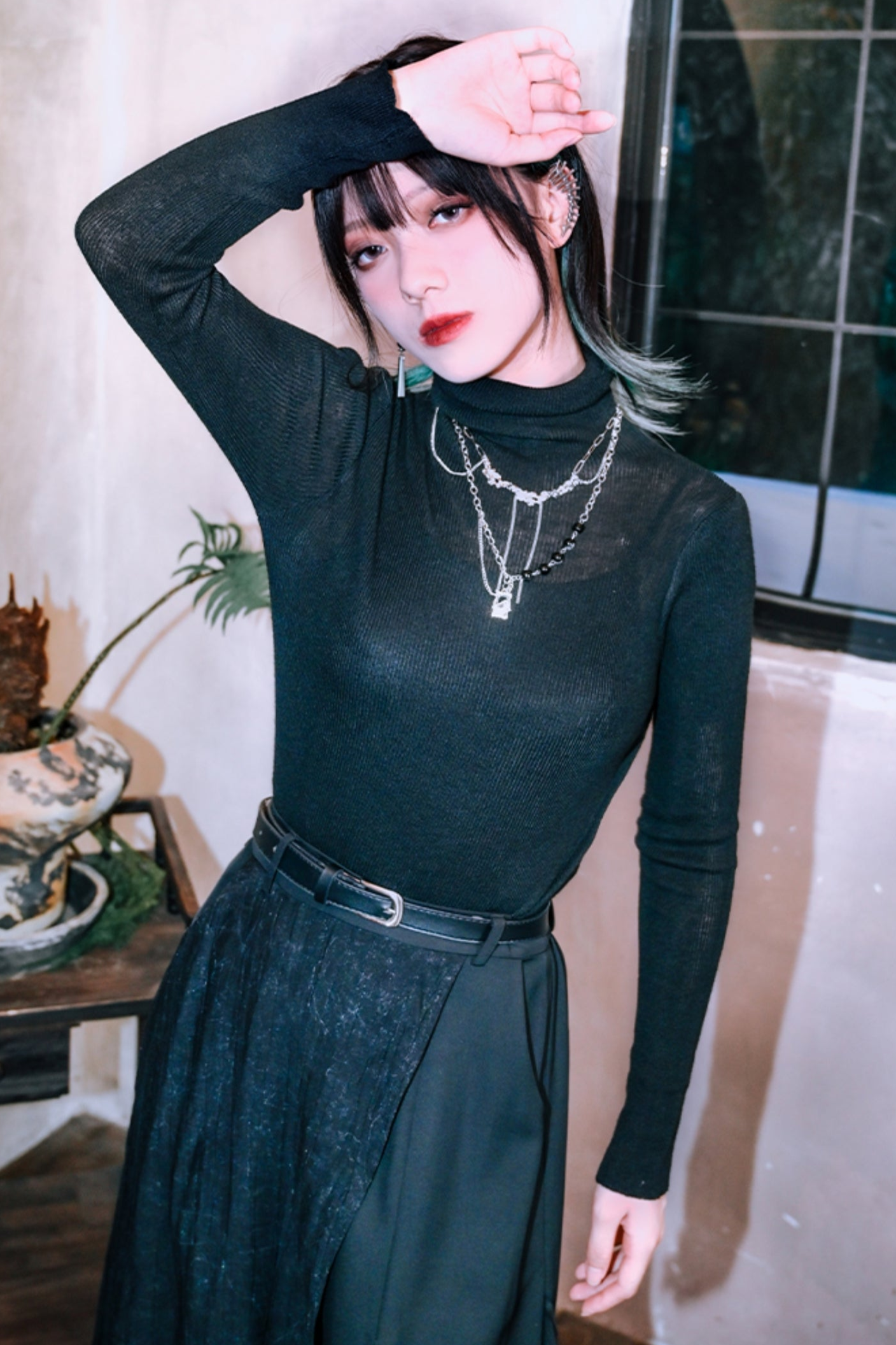 High Neck Black Slim Long Sleeve Shirt