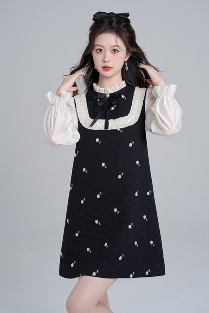 Black Stand Color Fake Two Piece Dou Dress