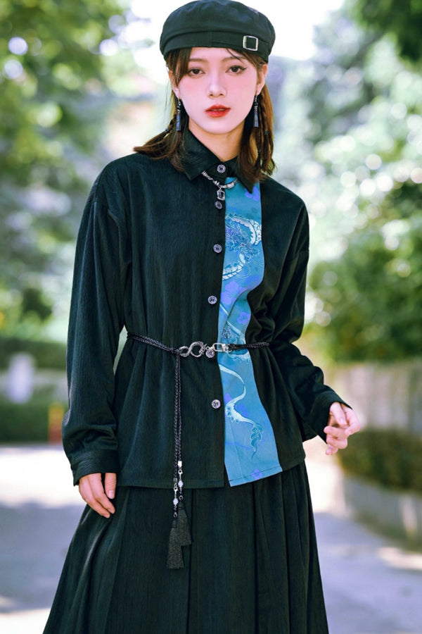 チャイナステッチレトロプリントロングスリーブトップス