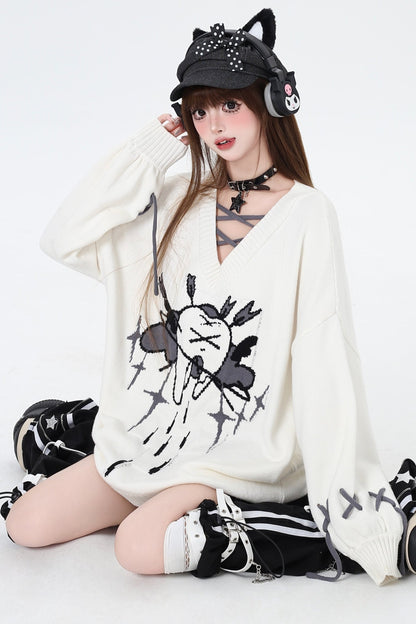 Tie V-Neck Loose Pullover Sweater