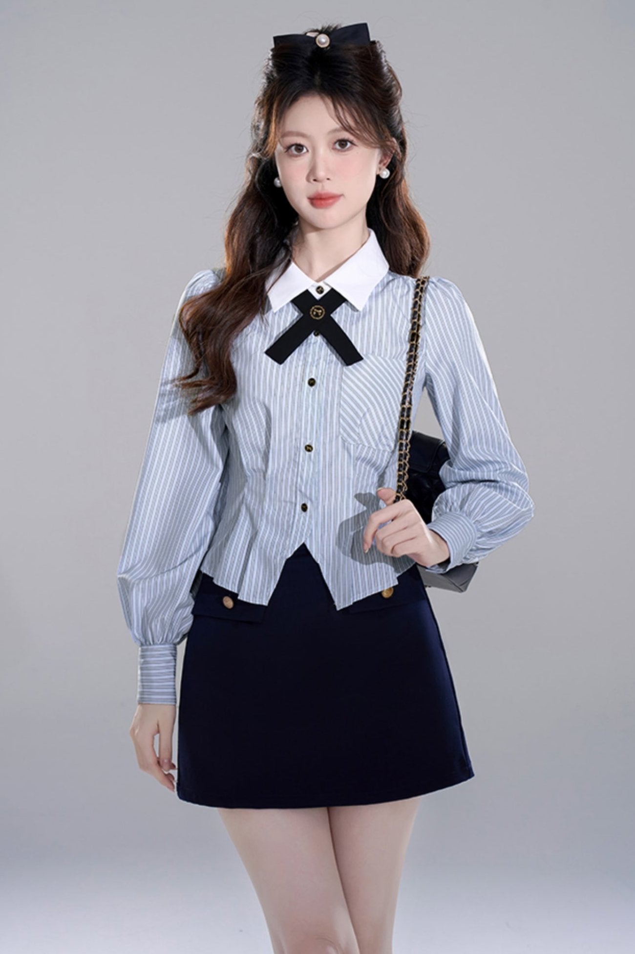 Blue Stripes Peppirong Sleeve Crop Set