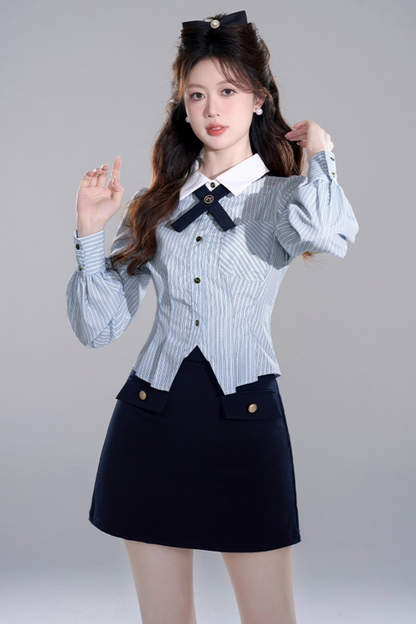 Blue Stripes Peppirong Sleeve Crop Set