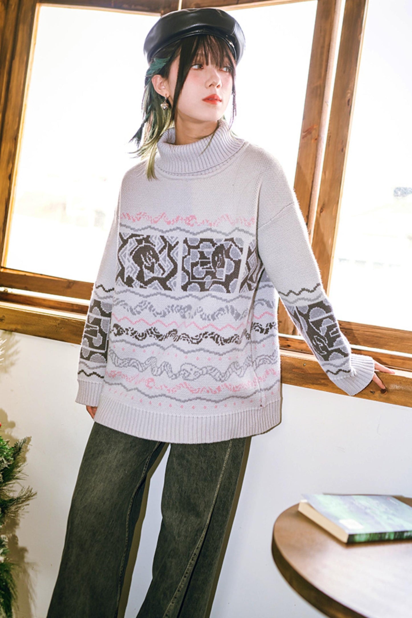 High Neck Jacquard Retro Sweater