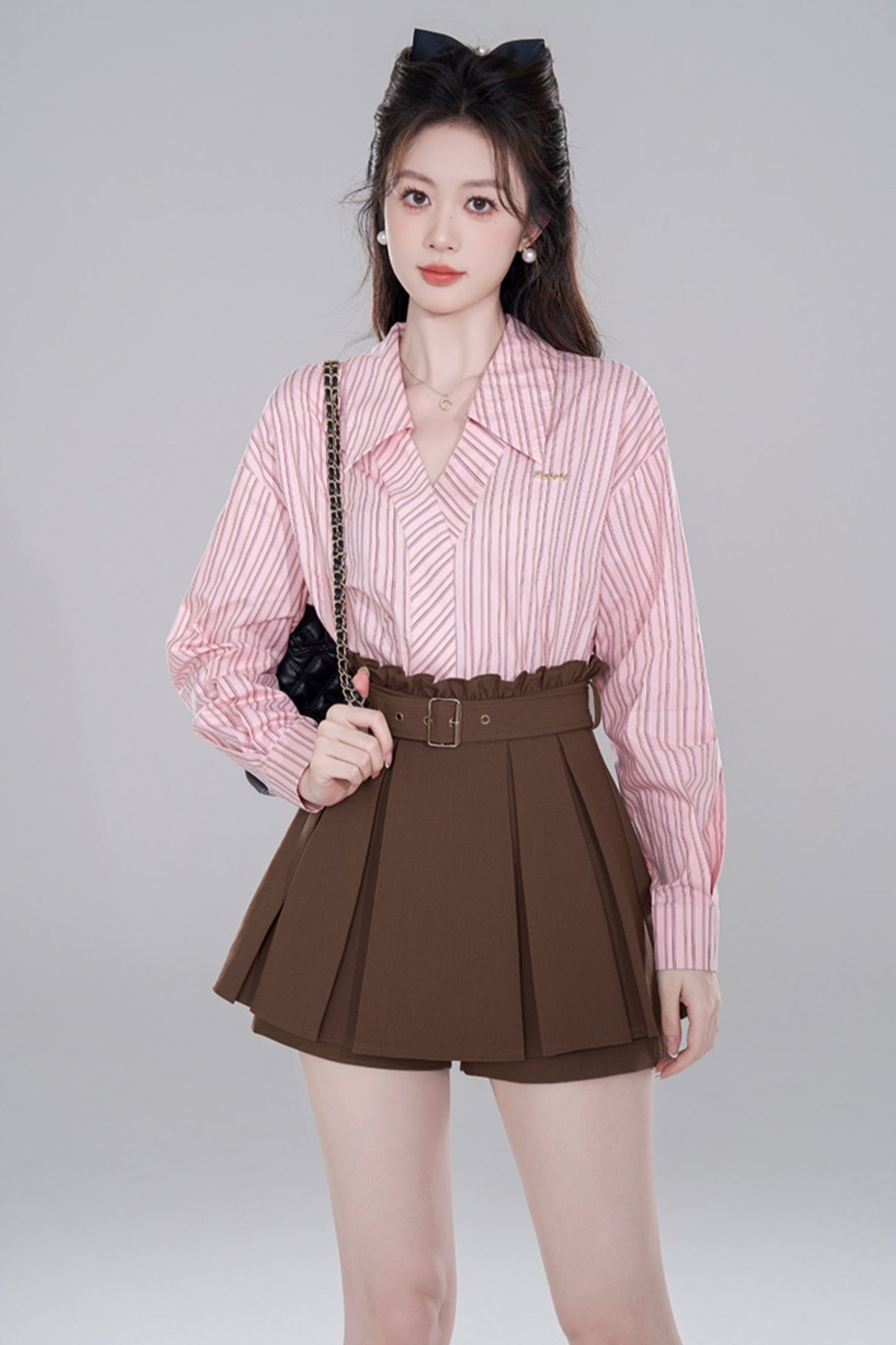 Pink stripe neck long sleeve shirt set