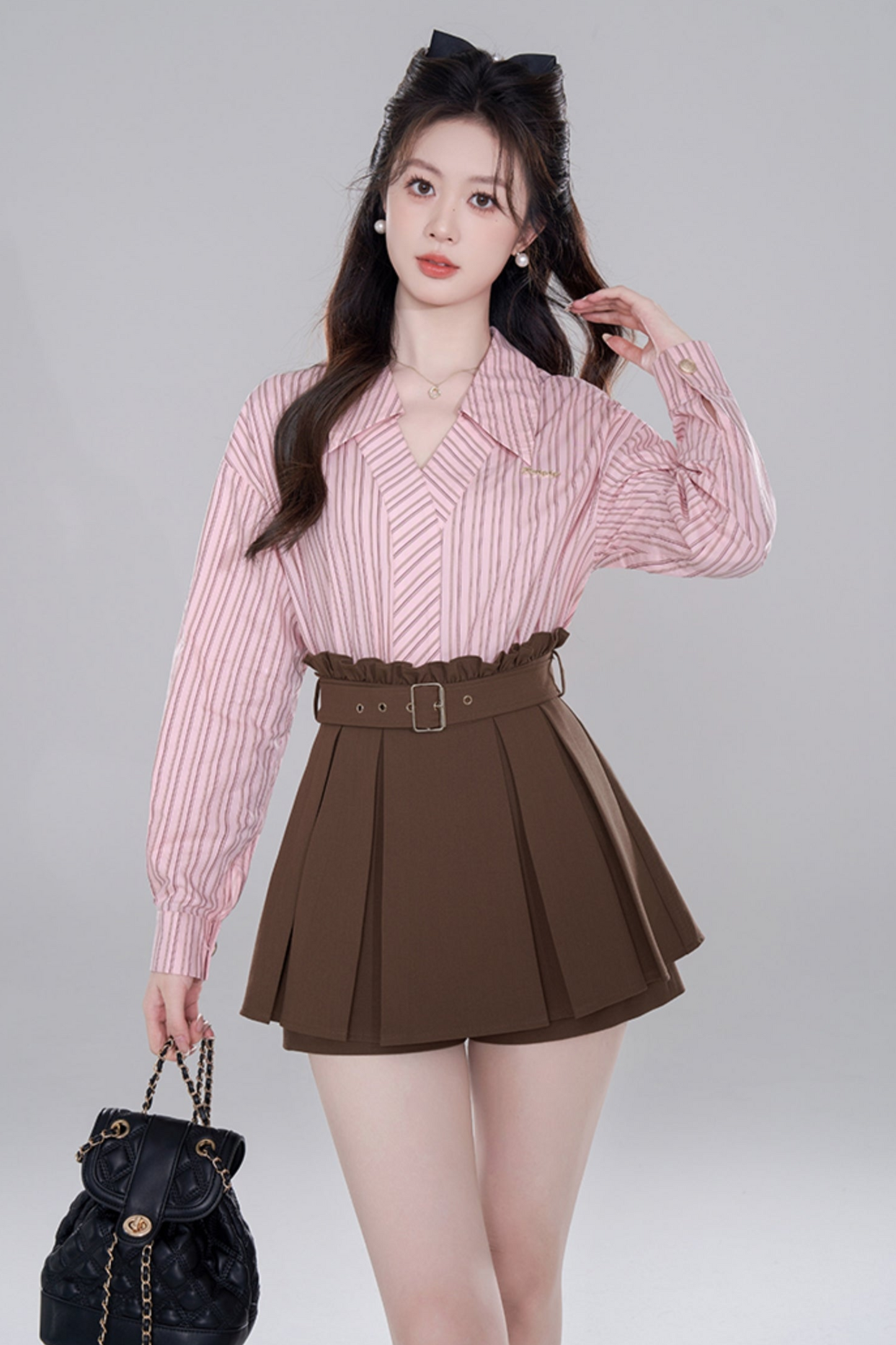 Pink stripe neck long sleeve shirt set