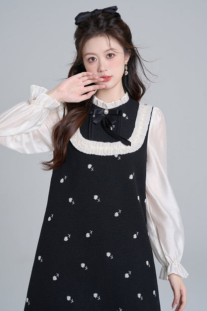 Black Stand Color Fake Two Piece Dou Dress