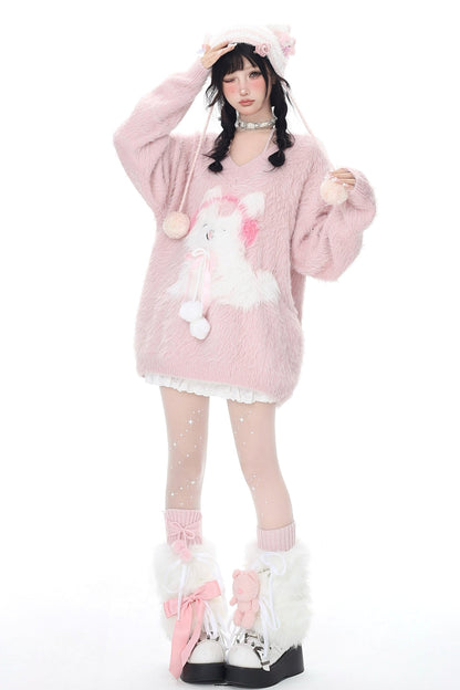 Faux Mink Bunny V Neck Fluffy Sweater