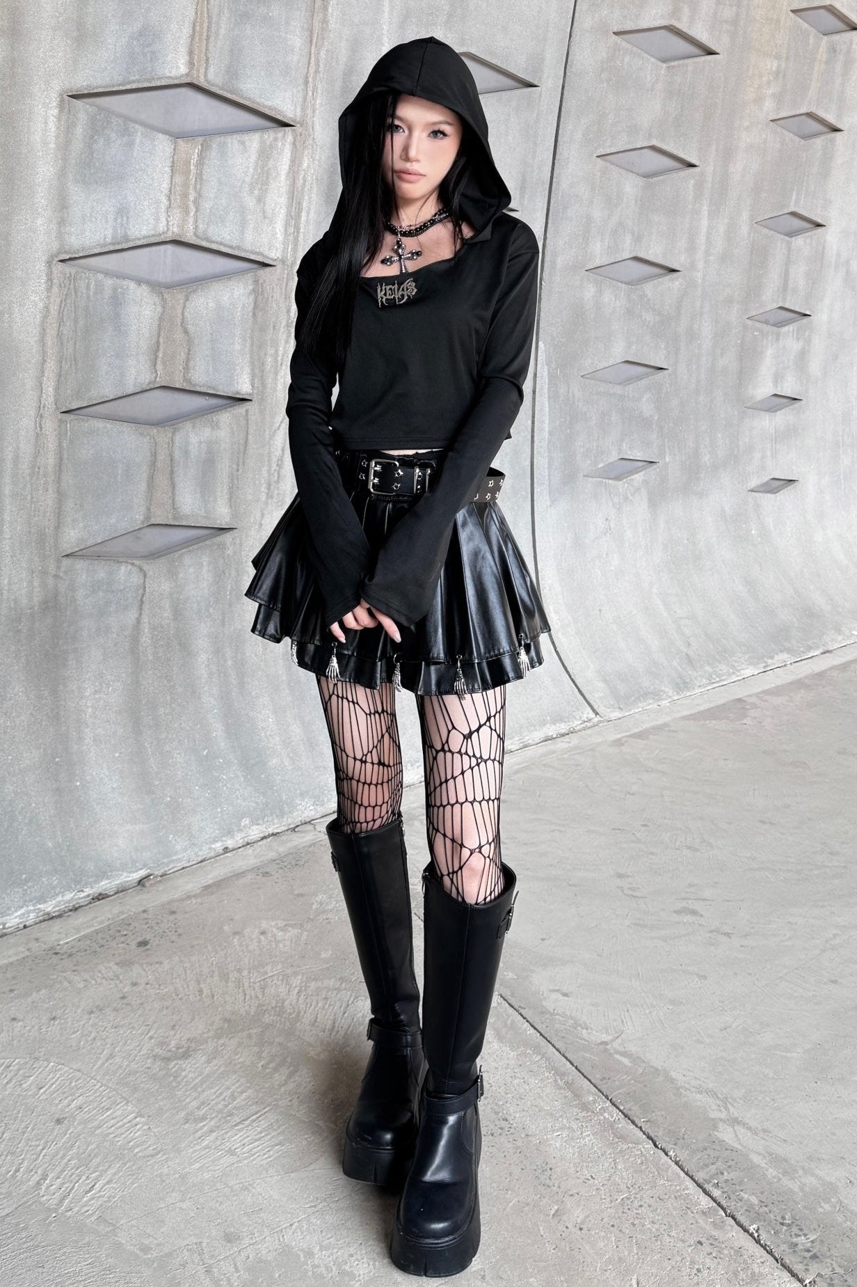 Dark Skull Leather Pleated Skirt