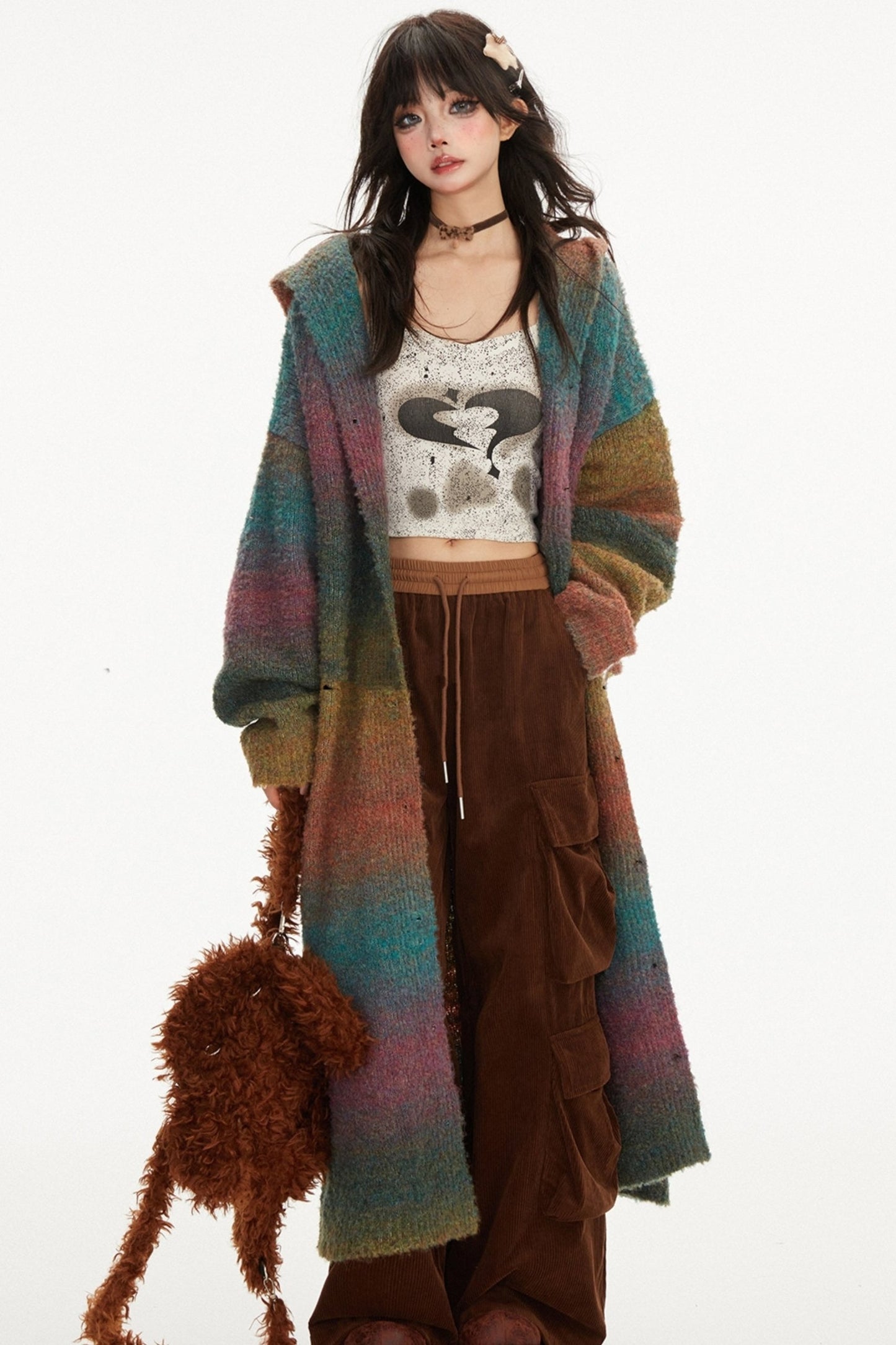 Long Rainbow Gradation Knit Cardigan