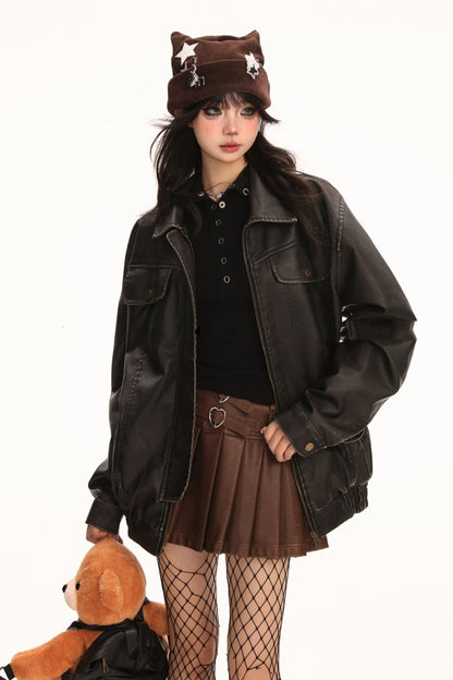 Black Retro Distrest PU leather jacket