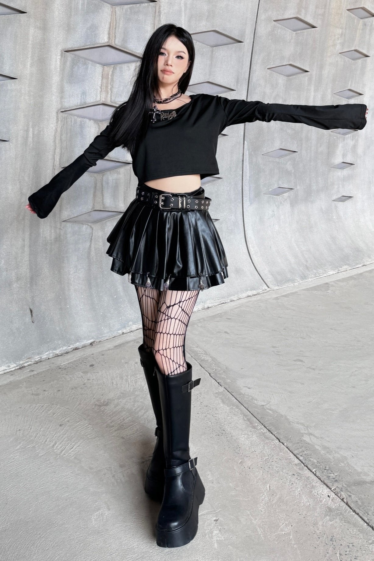 Dark Skull Leather Pleated Skirt