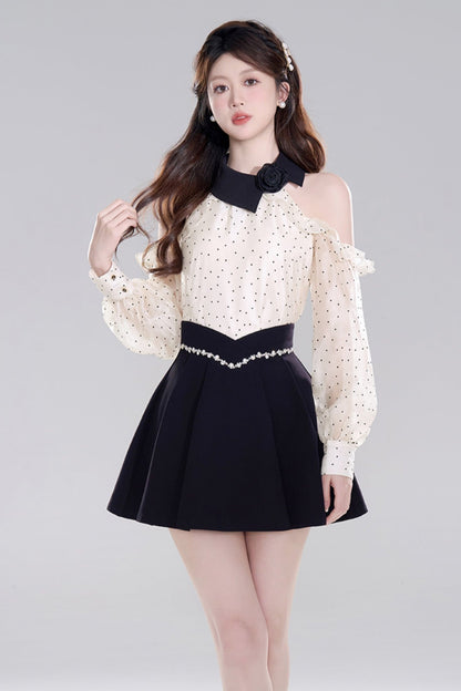 Polkadot off -shoulder chiffon top set