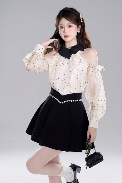 Polkadot off -shoulder chiffon top set