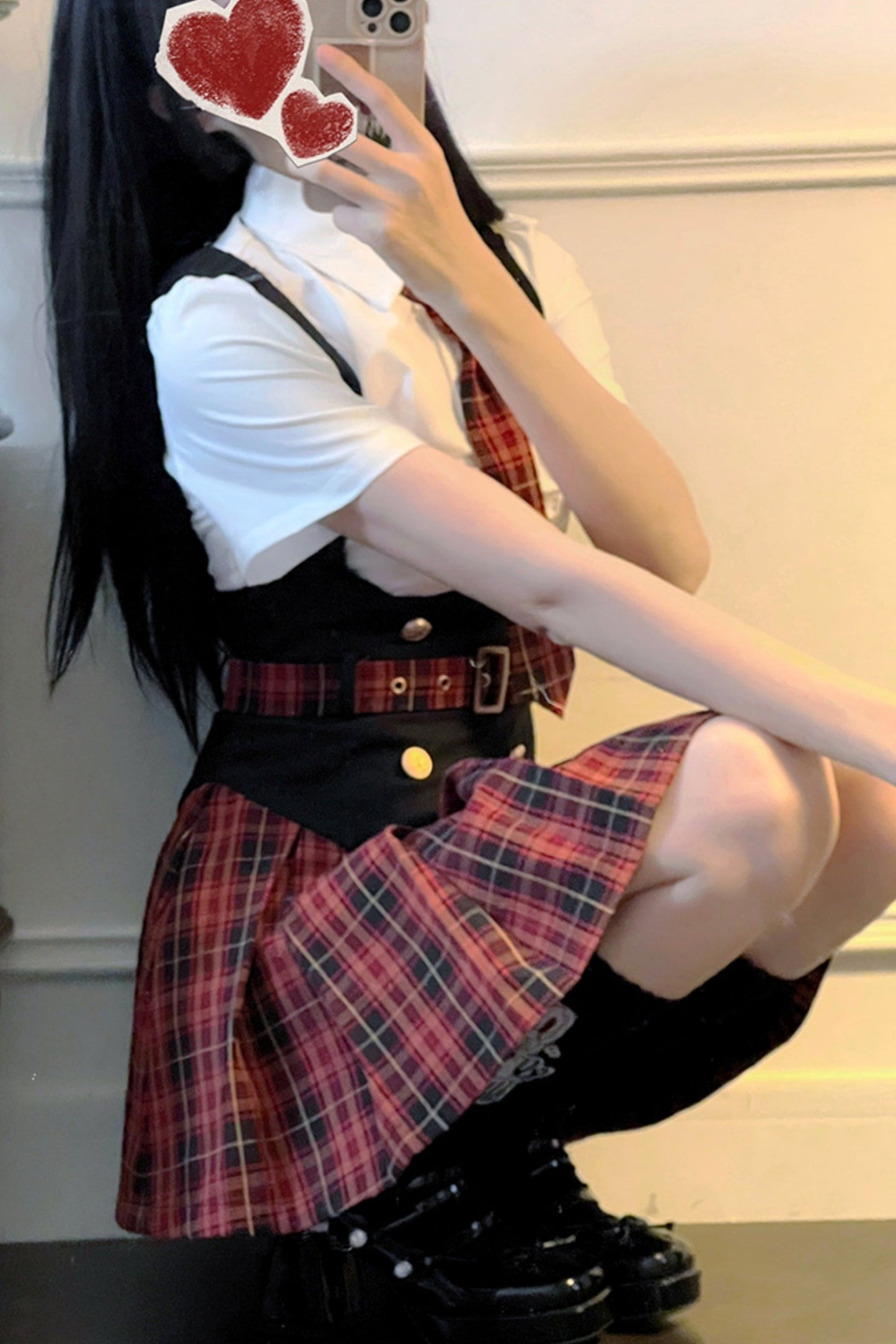 Red Plaid Vest Skirt Uniform Set-Up