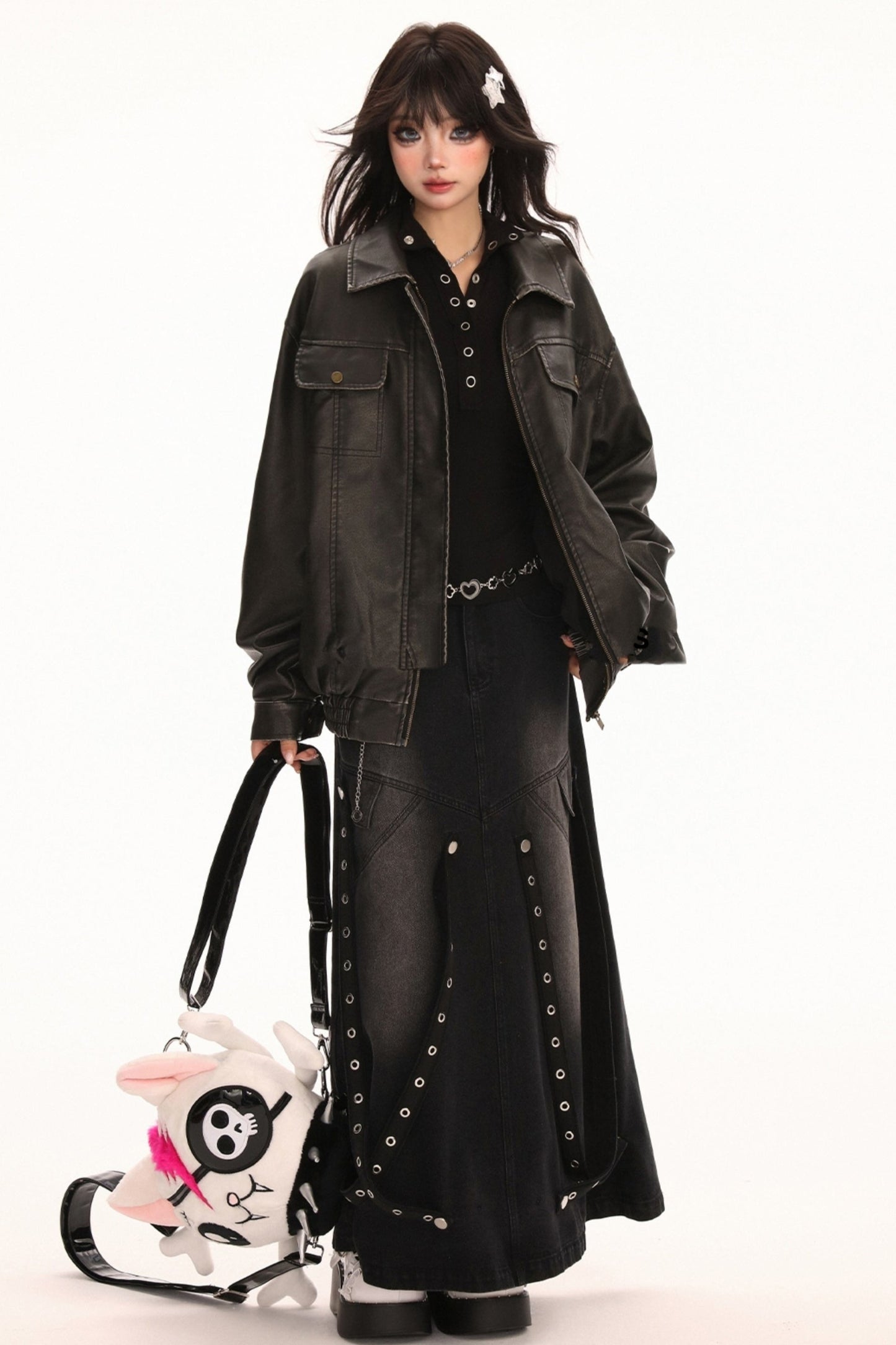 Black Retro Distrest PU leather jacket