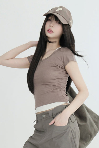 Solid Color Cropped U-Neck Tops