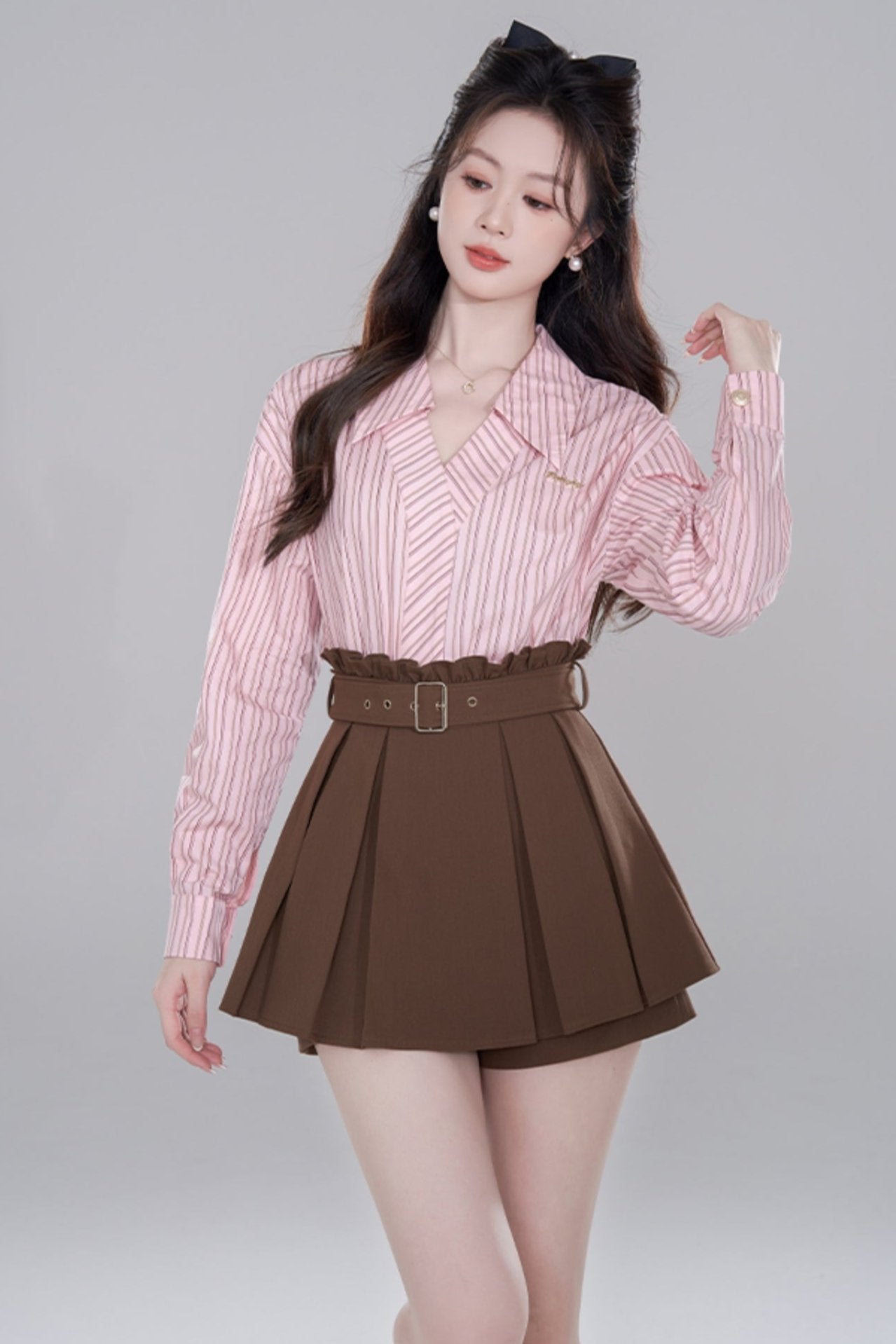 Pink stripe neck long sleeve shirt set