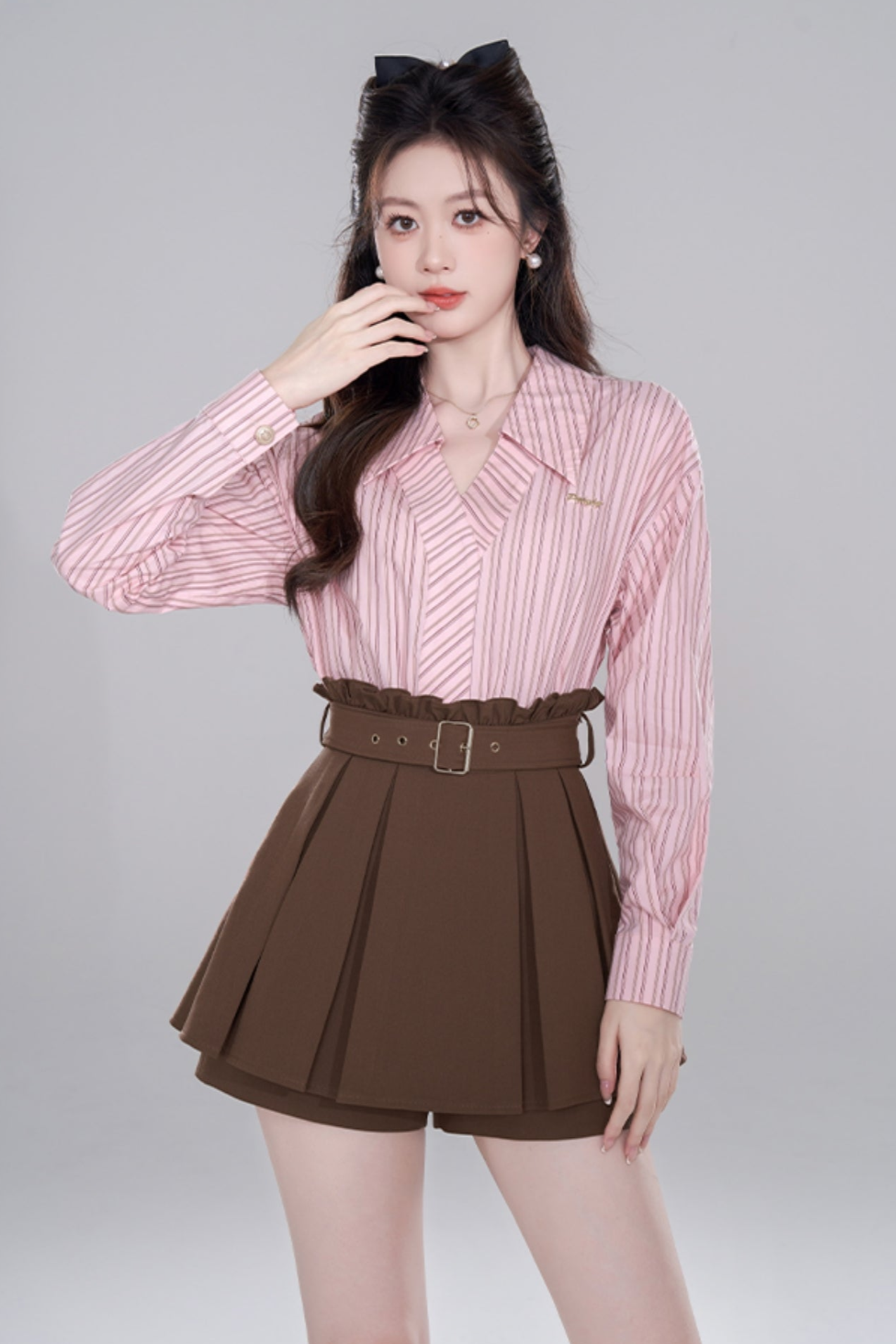 Pink stripe neck long sleeve shirt set