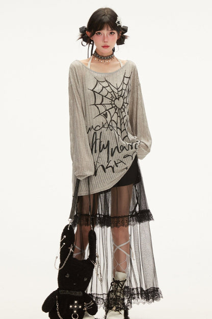 Spiderweb Print Off-Shoulder Tops