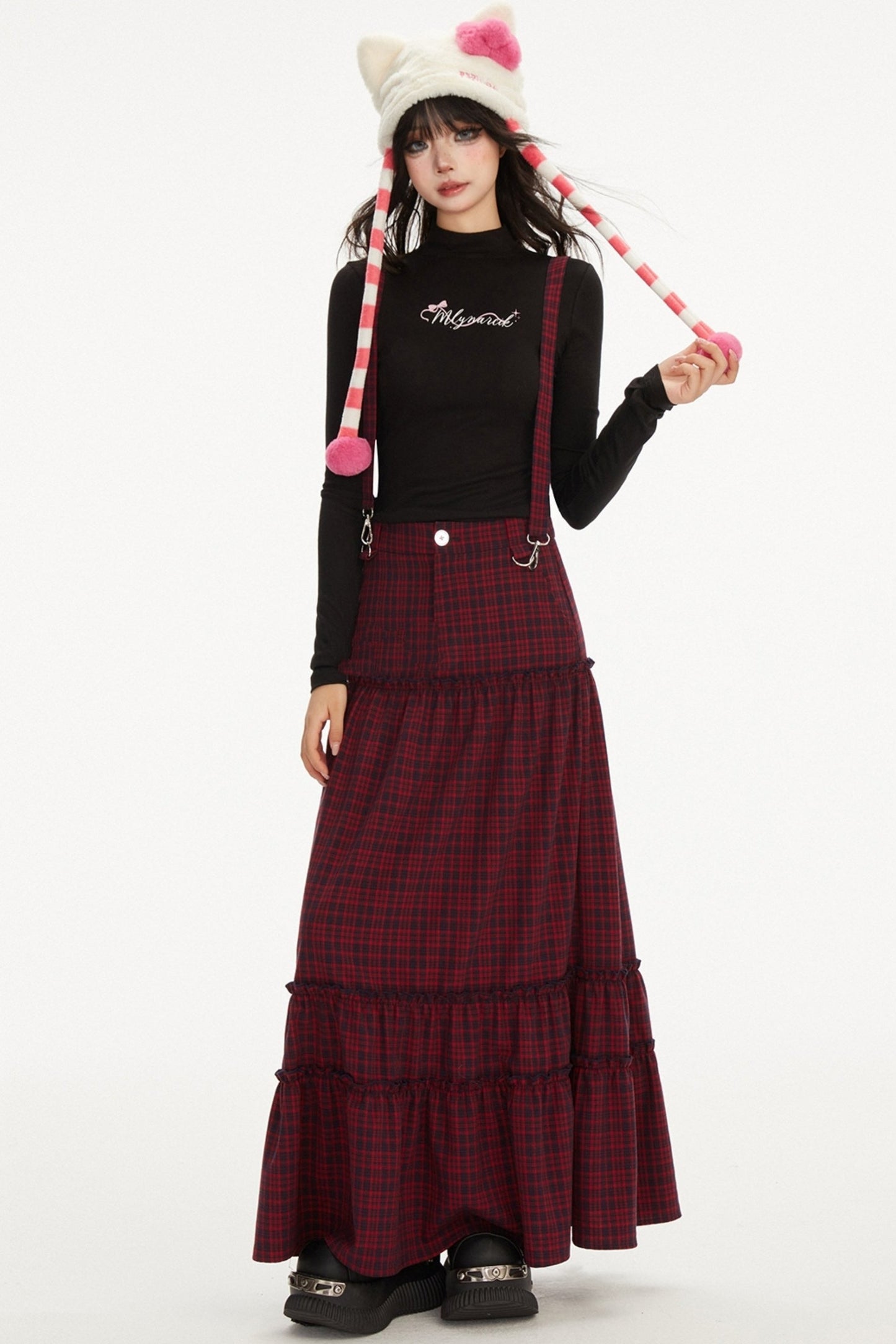 Vintage Check Waist Cinch Long Cake Skirt