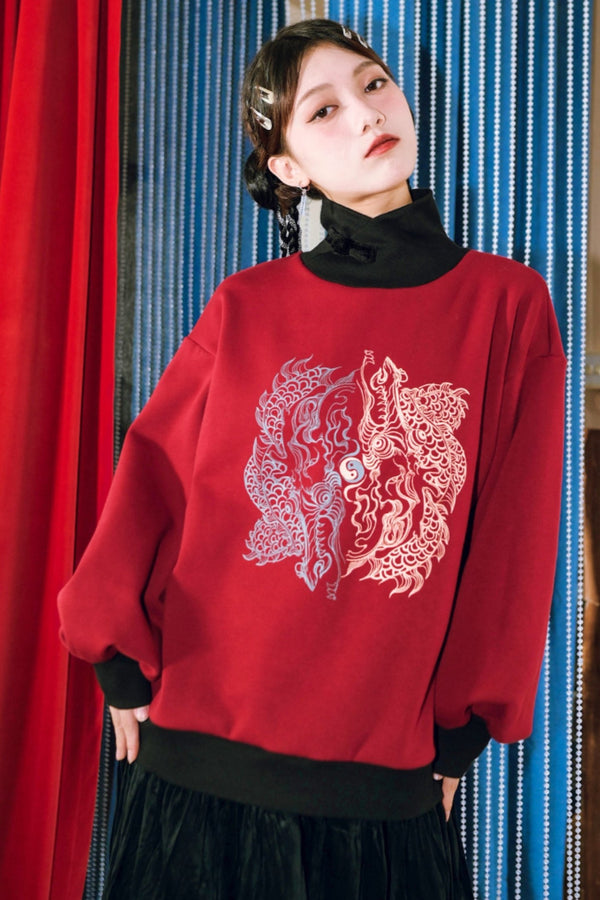 ルーズドラゴンプリントスタンドカラートップス