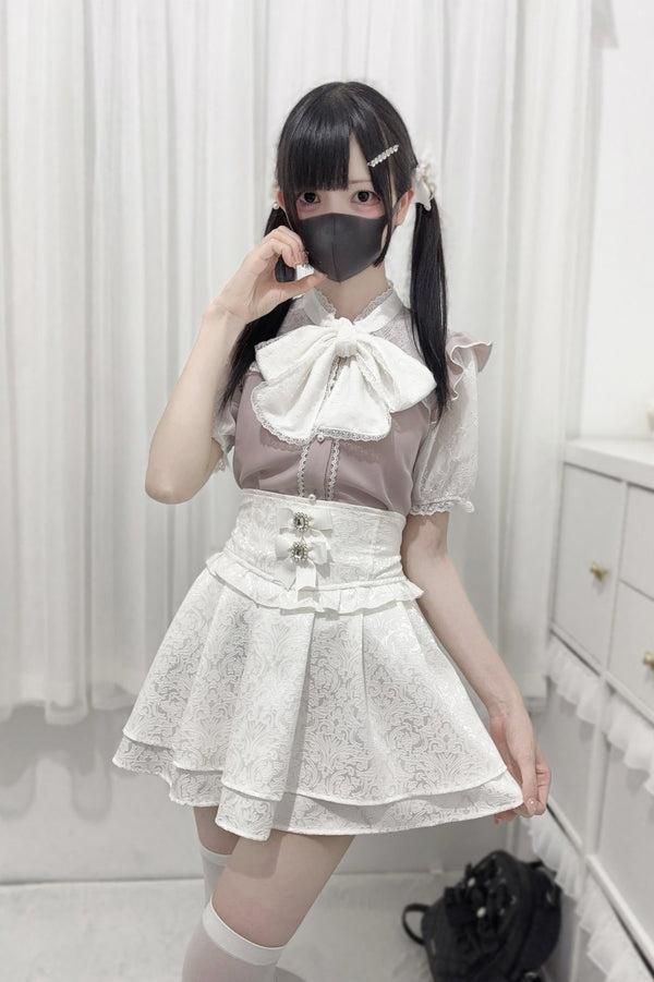 [Reservation item] Cut-Out Panel Lace Bowtie Shirt