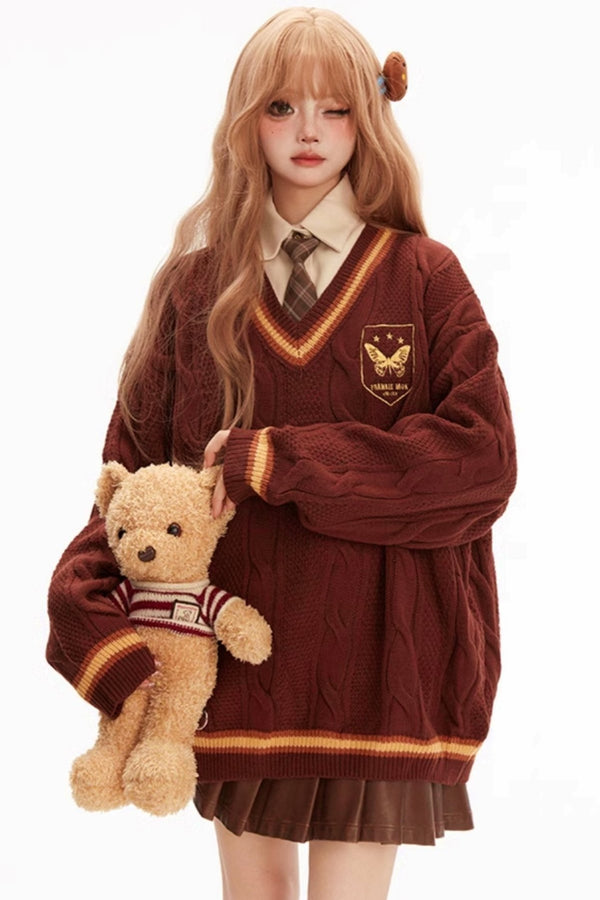 レトロVネックルーズニットセーター