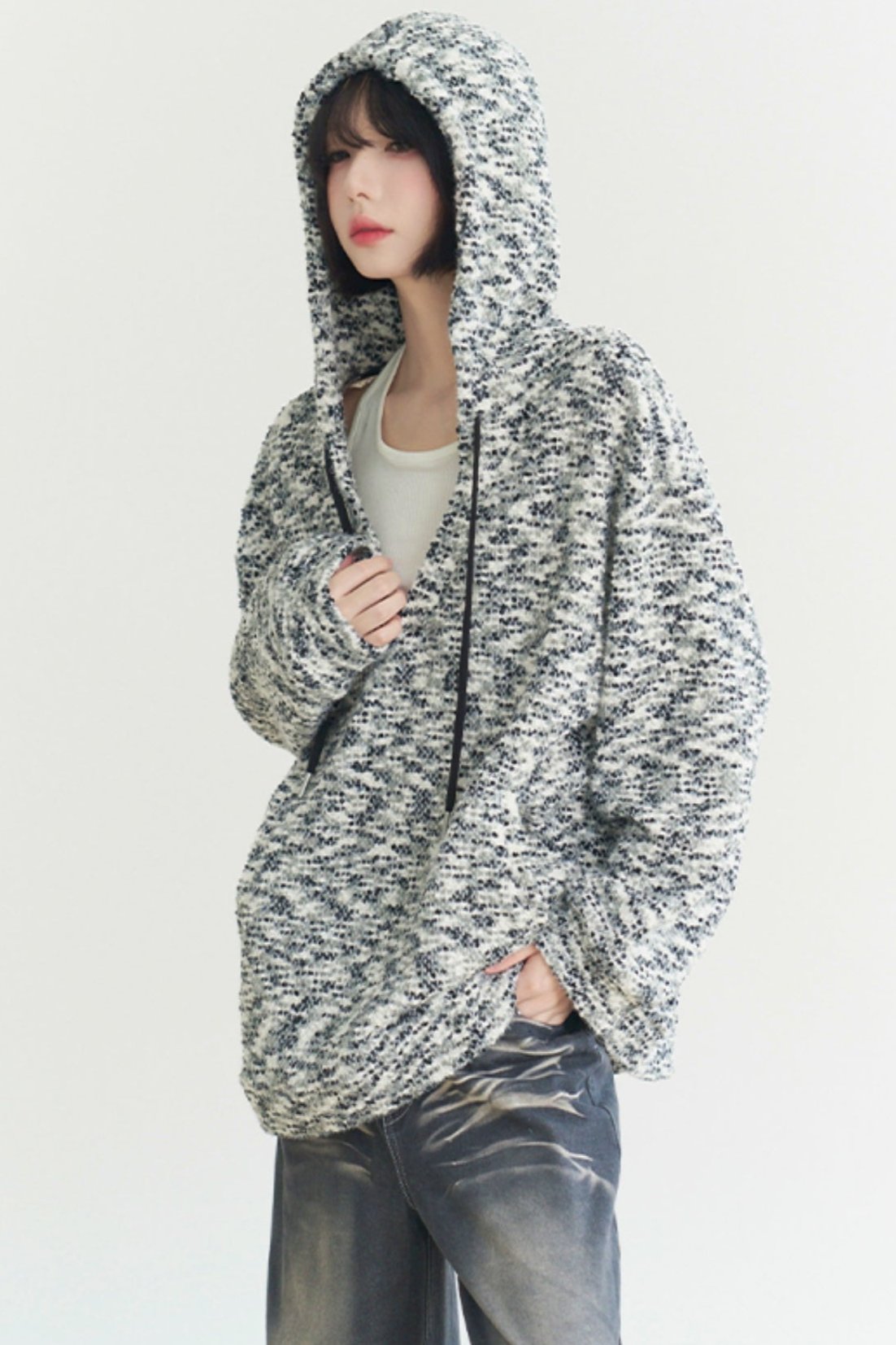 V neck knit hoodlose tops