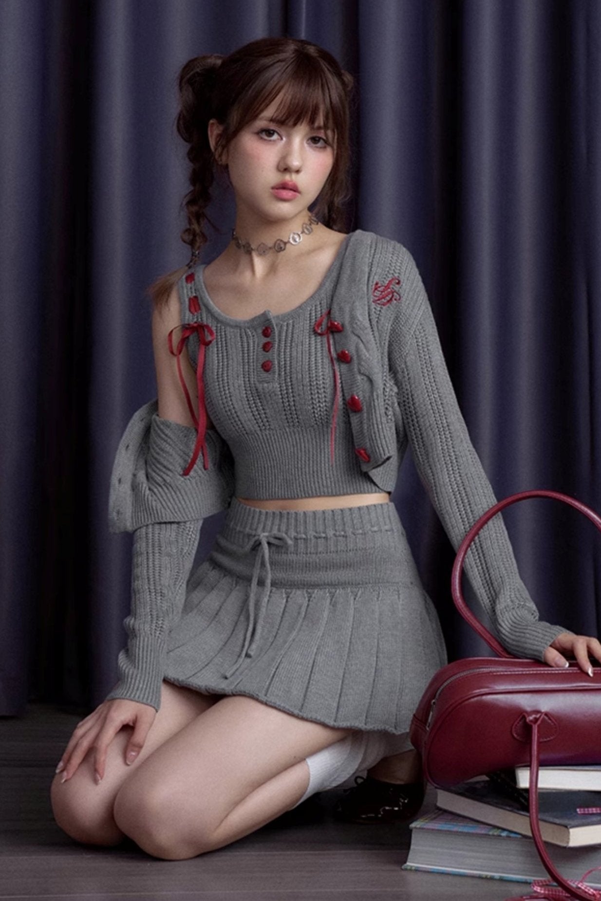 Gray and Purple Knit Suspender Skirt Set