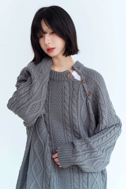 Twist design side button loose sweater