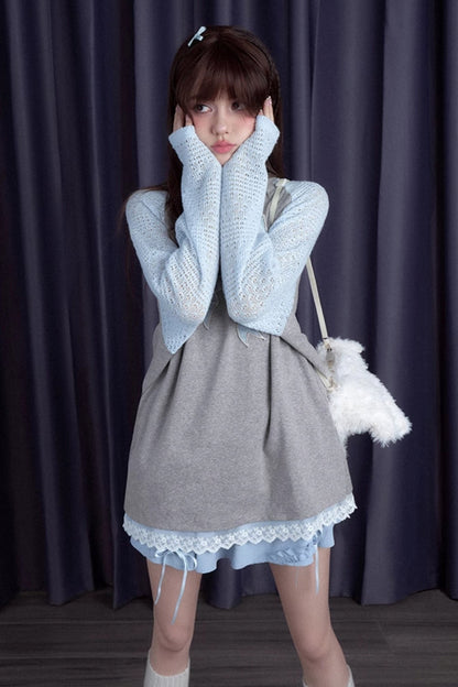 Grey Blue Bow Long Sleeve Top