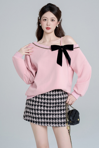 Pink slant shoulder loose sweatshirt set