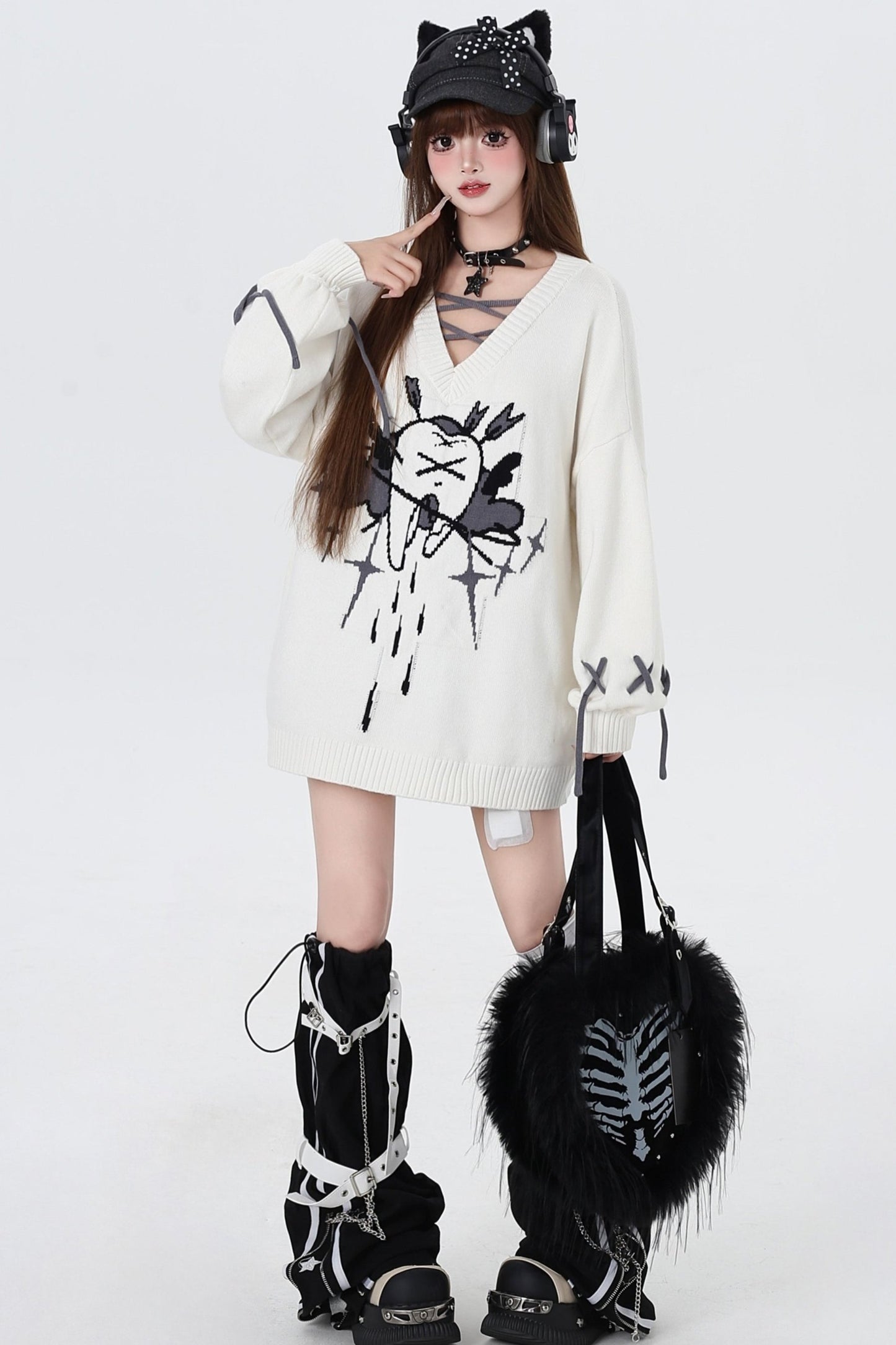 Tie V-Neck Loose Pullover Sweater