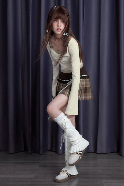 Brown Check Ribbon Pleated Skirt