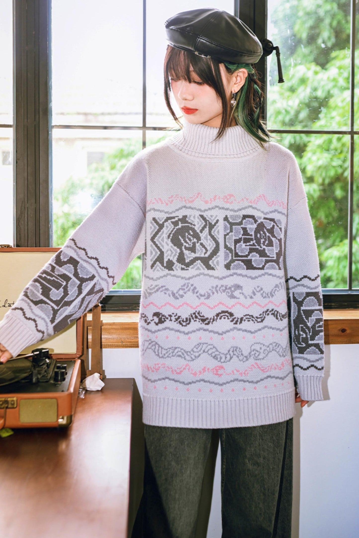 High Neck Jacquard Retro Sweater