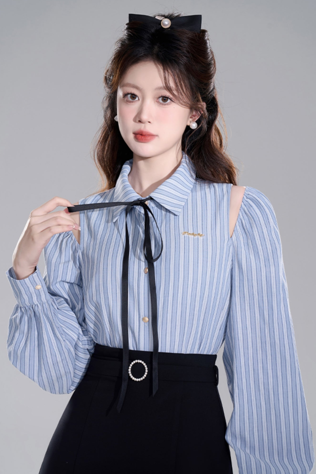 Blue stripe off shoulder crop set