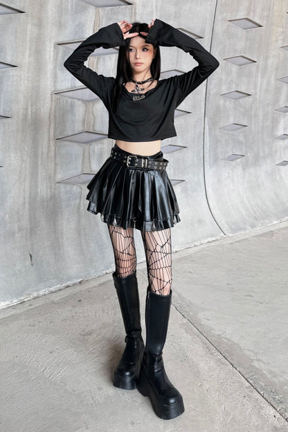 Dark Skull Leather Pleated Skirt