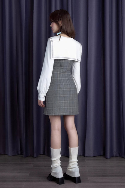 Gray Check Sailor Collar Slim Dress