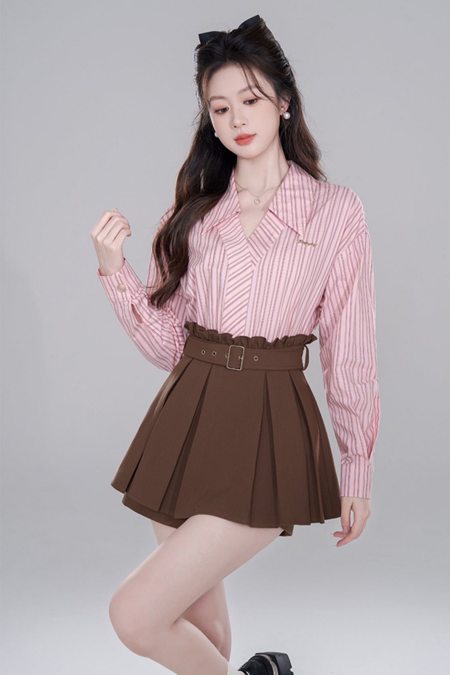 Pink stripe neck long sleeve shirt set