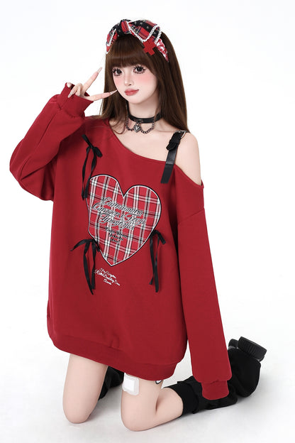 Loose Check Bow Off-Shoulder Sweatshirt