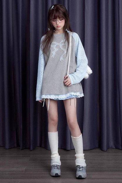 Grey Blue Bow Long Sleeve Top